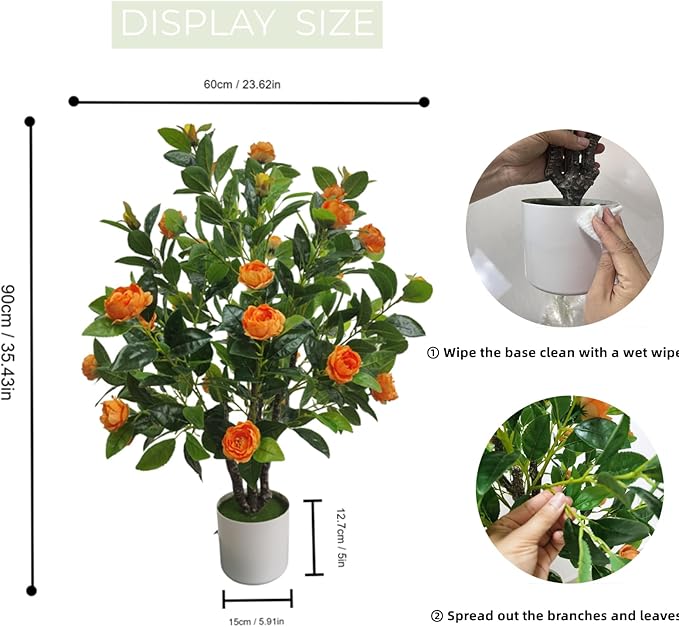 Artificial Camellia Tree 35in Faux Floral Plant with Orange Flowers and Green Leaves - No Maintenance Indoor Outdoor Office Home Porch Decor Housewarming Gift(1 Pack - Orange)