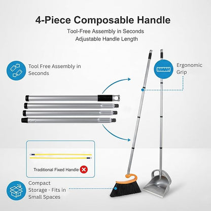 Surfer Combo Broom with Dustpan Combo Set – 4-Piece Composable Handle Broom and Dustpan Set with Long Handle | Durable Dust Pan & Broom for Home and Commercial Cleaning