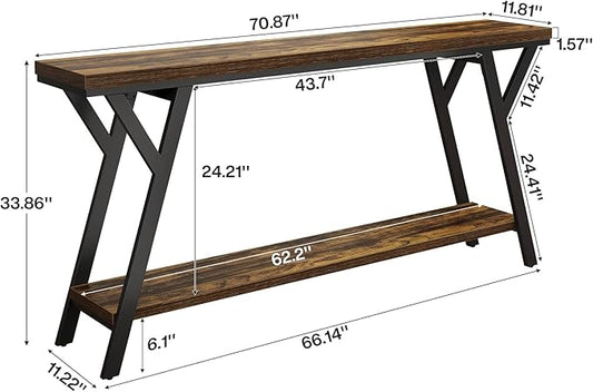 Tribesigns 70.9-Inch Narrow Long Entryway Console Table, Industrial Sofa Table Behind Couch with 2-Tier Storage Shelf for Hallway, Living Room, Entrance, Foyer, Rustic Brown
