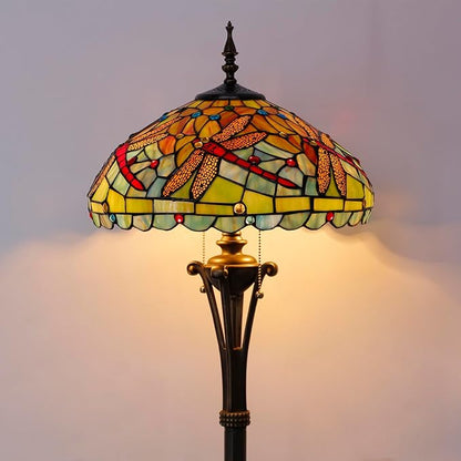 Tiffany Floor Lamp Green Red Stained Glass Dragonfly Standing Reading Light 16X16X70 Inches Antique Pole Corner Lamp Decor Bedroom Office Living Room