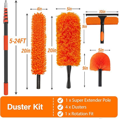 30FT High Reach Duster Cleaning Kit with 5-24 FT Extension Pole,High Ceiling Dusting and Window Cleaning Kit with Microfiber Feather Duster,Cobweb Duster,Ceiling Fan Duster,Window Squeegee Cleaner