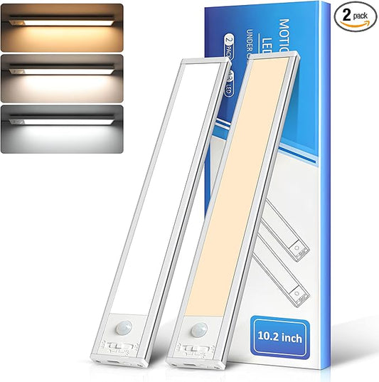 Ascher 10.2inch Under Cabinet Lights, 2000mAh Rechargeable Motion Sensor Light indoor, 3 Color Temperatures & Stepless Dimmable Closet Lights, Magnetic Under Counter Light for Kitchen, Silver - 2 Pack