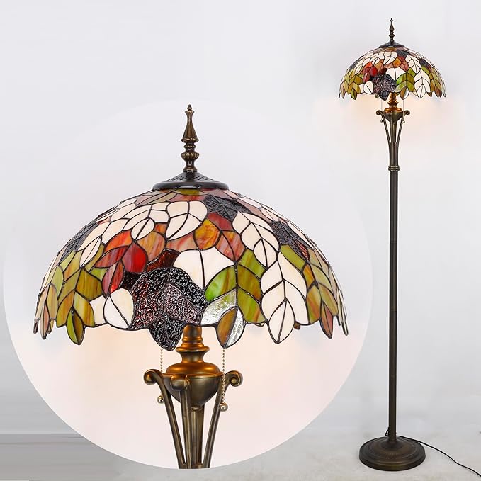 Tiffany Floor Lamp Maple Leaf Stained Glass Standing Reading Light 16X16X70 Inches Antique Pole Corner Lamp Decor Bedroom Office Living Room