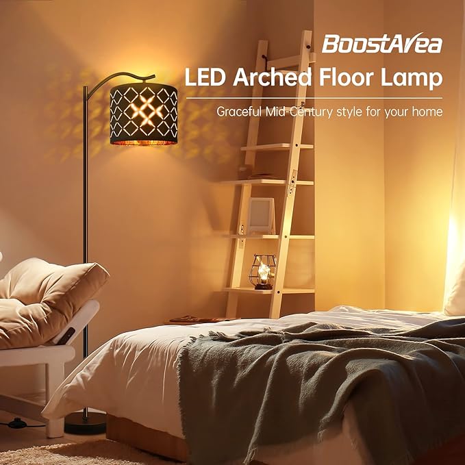 BoostArea 8W LED Arched Floor Lamp with Natural Linen Shade, Tall Modern Standing Lamp for Living Room, Office, Laser Square Shade