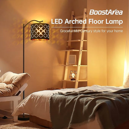 BoostArea 8W LED Arched Floor Lamp with Natural Linen Shade, Tall Modern Standing Lamp for Living Room, Office, Laser Square Shade