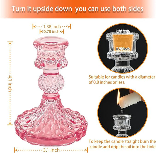 Glass Candlestick Holder,Striped Taper Candle Holders,Set of 6 Candle Stand for Table Centerpieces, Home Decor,Weddings,Festival and Parties (Peach Red Dimond)