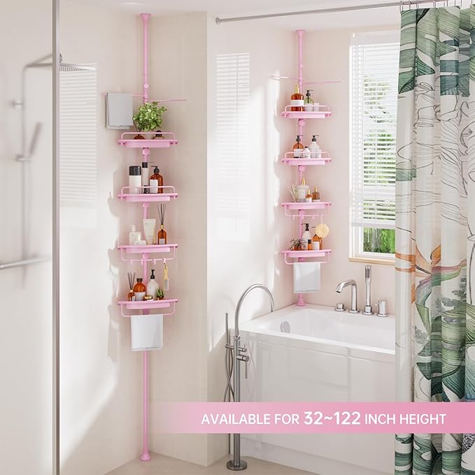 Sturdy Pink Corner Shower Caddy - 4 Tier Adjustable Organizer, Rustproof Stainless Steel, 32-122 Inch