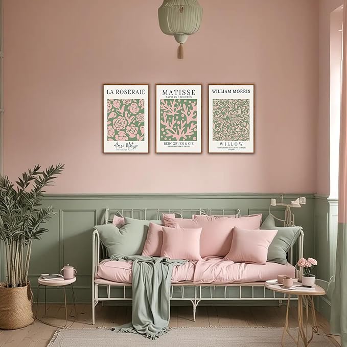 HLNIUC Matisse Picasso Framed Wall Art,Neutral Pink Green Flower Canvas Wall Decor Set of 3(16”x24’) William Morris Framed Wall Painting,Modern Aesthetic Pictures Art Print for Living Room,Bedroom