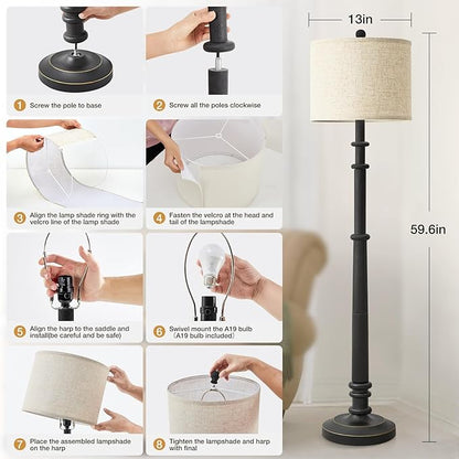 Floor Lamps for Living Room - 60" Resin Farmhouse Floor Lamp with 3 Color Temperatures - Vintage Standing Lamp Reading Light with Linen Shade Retro Tall Lamp for Bedroom Office, Black