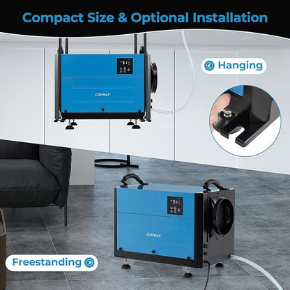 COSTWAY 124 PPD Commercial Dehumidifier, 1300 Sq.Ft Crawl Space Dehumidifier with 9.8 FT Drain Hose & Wired Remote Control Panel, Ideal for Basement, Warehouse, Job Site (Blue)
