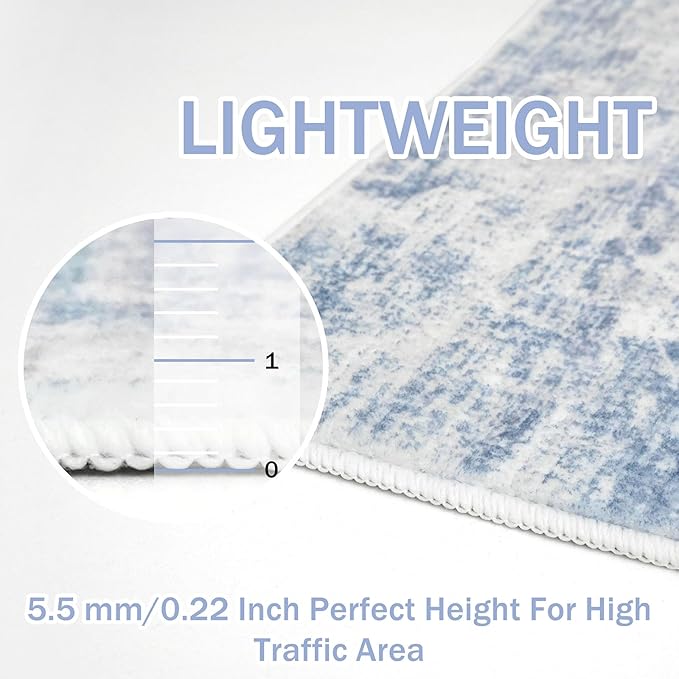 IOHOUZE Abstract Runner Rug 3x18 Ft Washable Runners for Hallways, Non Slip Kitchen Runner Printed Faux Wool Entryway Runner Indoor, Modern Abstract Floor Carpet for Hall Stair, Light Blue White