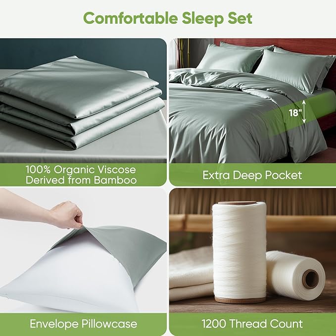 TWK Luxury Sheet Set, Genuine 100% Organic Viscose Derived from Bamboo, Cooling & Breathable, Silky Soft, Bedding Sheets & Pillowcases (Sea Glass, Full)