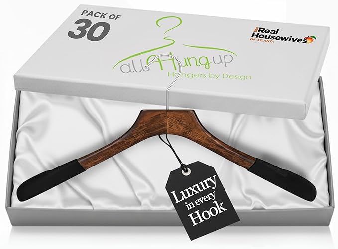 Premium Luxe Wood Coat Hangers, Wide Shoulder Wooden Jacket Hangers with Velvet Grip, Heavy Duty Luxury Hangers for Coats & Blazers, Mahogany with Black Velvet, 30 Pack
