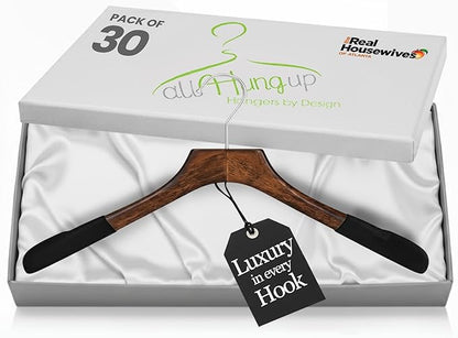 Premium Luxe Wood Coat Hangers, Wide Shoulder Wooden Jacket Hangers with Velvet Grip, Heavy Duty Luxury Hangers for Coats & Blazers, Mahogany with Black Velvet, 30 Pack
