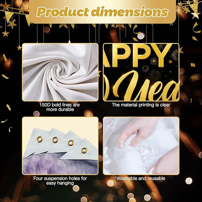 Happy New Year Backdrop Black and Gold Fireworks Banner Glitter Photography Background 71x43 Inches Indoor Outdoor Party Decoration New Year Eve Celebration Supplies