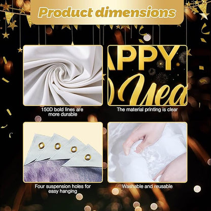 Happy New Year Backdrop Black and Gold Fireworks Banner Glitter Photography Background 71x43 Inches Indoor Outdoor Party Decoration New Year Eve Celebration Supplies