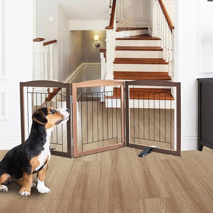 ZJSF Freestanding Dog Fence Indoor, Foldable Dog Gate for Doorways, Stairs or Hallways, Sturdy Wood Extra Wide Pet Gate with Support Feet for The House, Brown, 24 "Height-3 Panels