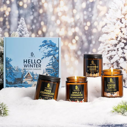 Winter Candle Set, Candles for Home Scented, 4 Pack Soy Candles for Holiday, Valentine's Day Gifts for Women Men, Winter Scents of Gingerbread Cookies/Apple & Cinnamon/Coffee Latte/Pine & Cedarwood