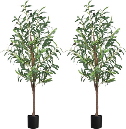 4FT Artificial Olive Tree, Faux Olive Trees 48in Outdoor Fake Potted Silk Plant with Trunk and Realistic 436 Leaves and 16 Fruits for Modern Office Home Decor Indoor 2Pack