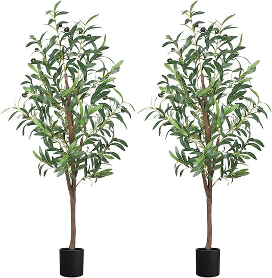 4FT Artificial Olive Tree, Faux Olive Trees 48in Outdoor Fake Potted Silk Plant with Trunk and Realistic 436 Leaves and 16 Fruits for Modern Office Home Decor Indoor 2Pack