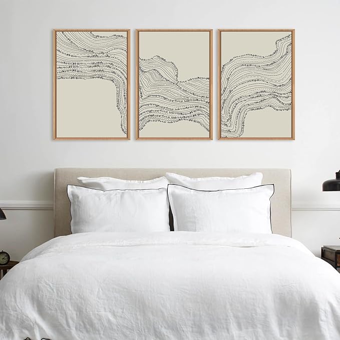 HLNIUC Neutral Abstract Framed Canvas Wall Art Set, Black Beige Wave Line Wall Decor, Large Minimalist Painting, Modern Geometric Art Print for Living Room, Bedroom, Dinning Room, Office - 24"x36"x3