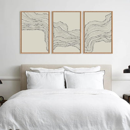 HLNIUC Neutral Abstract Framed Canvas Wall Art Set, Black Beige Wave Line Wall Decor, Large Minimalist Painting, Modern Geometric Art Print for Living Room, Bedroom, Dinning Room, Office - 24"x36"x3
