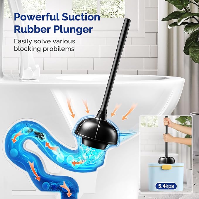 HAMITOR Toilet Plunger and Brush Set for Bathroom Cleaning with Extented Handle - Heavy Duty Toilet Plunger Combo Accessories with Caddy Stand Holder for Small Space - Black