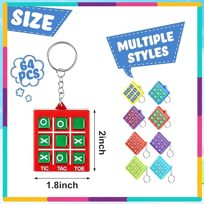 Honoson 64 Pcs Tic Tac Toe Game Keychain Party Favors Birthday Goodie Bags Valentines Stocking Stuffers Plastic Keyholders Mini Backpack for Teens Student Classroom Exchange Prizes Valentines Day Gift