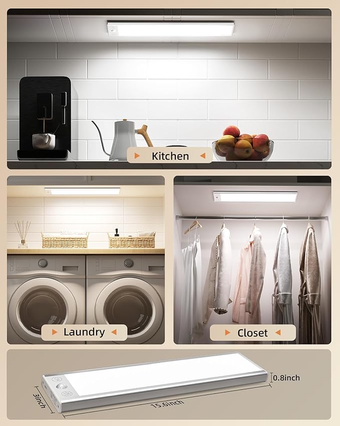 EZVALO 250LM Super Bright Under Cabinet Lighting Wireless, 8000mAh Rechargeable Battery Motion Sensor Light Indoor, Dimmable Under Counter Lights for Kitchen, 3-Inch Ultra-Wide Panel Closet Light