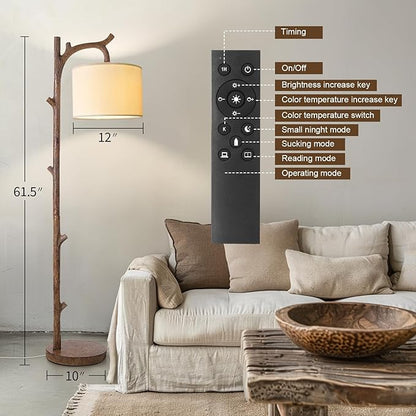 OYEARS Retro Farmhouse Floor Lamp for Living Room with Remote Rustic Standing Lamps Tree Trunk Deco Modern Country Vintage Wood Floor Lamp（Brown,Bulb Included）