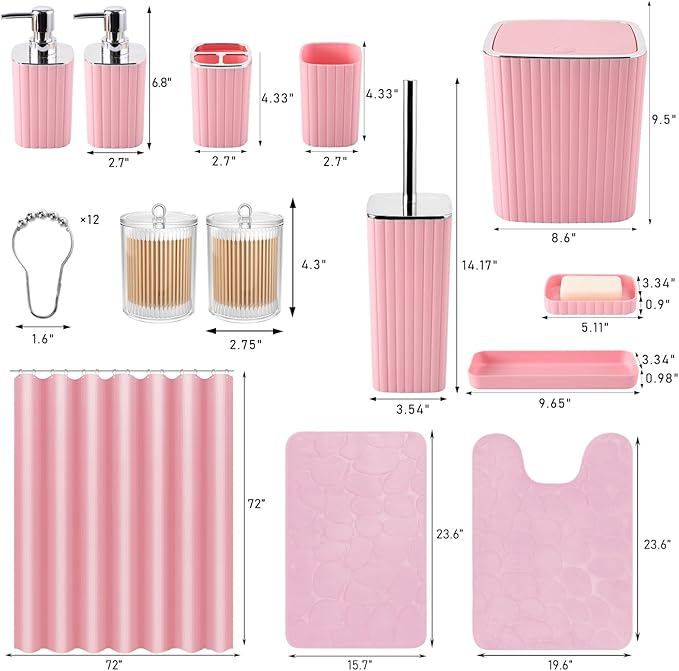 Bathroom Set with Shower Curtain and Rugs- 25PC Pink Bathroom Accessories, Shower Curtain Set, Toilet Brush, Trash Can, Qtip Holder Dispenser & Soap Dispenser