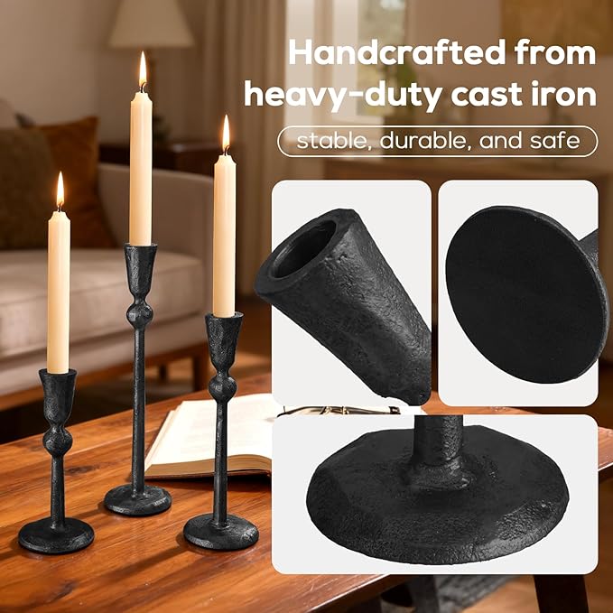 Set of 3 Antique Black Taper Candle Holders Cast Iron Candlestick Holder for Table Centerpieces Wedding Holiday Decor Vintage Decorative Candelabra Style Candle Stick Stand