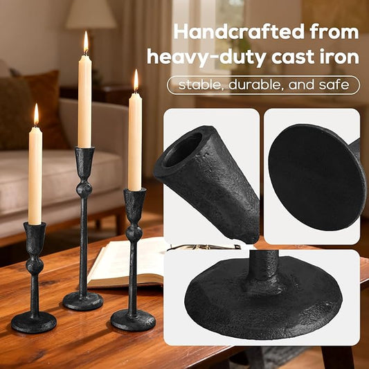 Set of 3 Antique Black Taper Candle Holders Cast Iron Candlestick Holder for Table Centerpieces Wedding Holiday Decor Vintage Decorative Candelabra Style Candle Stick Stand