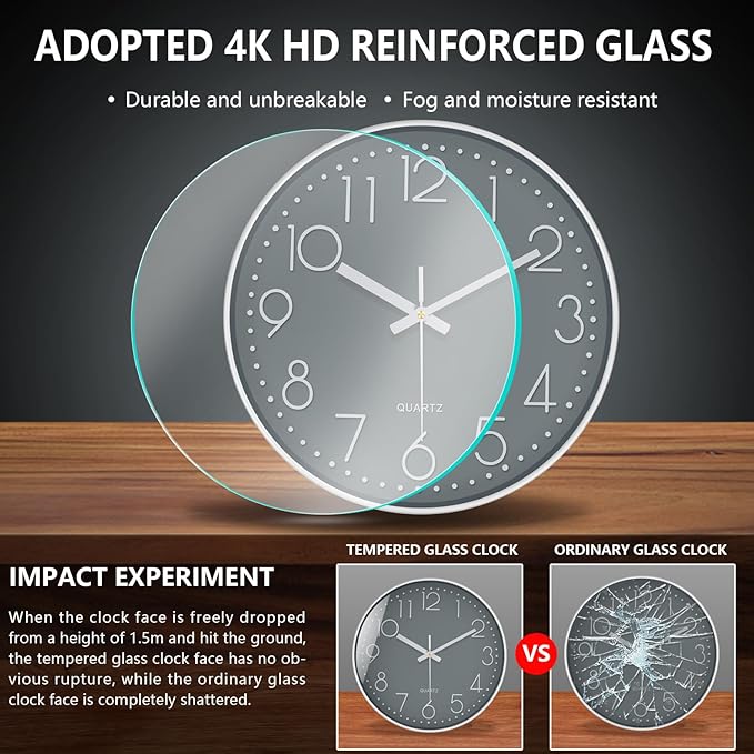 Modern Silent Wall Clock - 12 Inch Wall Clocks Battery Operated Large Number, Non-Ticking Analog Clock with Tempered Glass Quartz Clocks for Living Room Bedroom Office Kitchen, Grey
