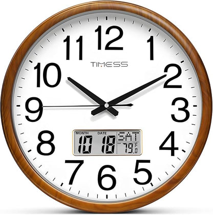 Wall Clock, Classic Wood Style Finish, 11 Inch Non-Ticking Silent Battery Operated Quartz Analog with Perpetual Calendar and F° Temperature Display, Home, Office Décor (Wood Yellow)