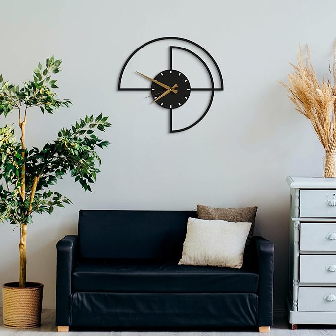 Half-Circle Modern Wall Clock 20-Inch – Black Metal, Silent Non-Ticking Quartz Movement, Sleek Contemporary Design for Living Room, Kitchen, Office