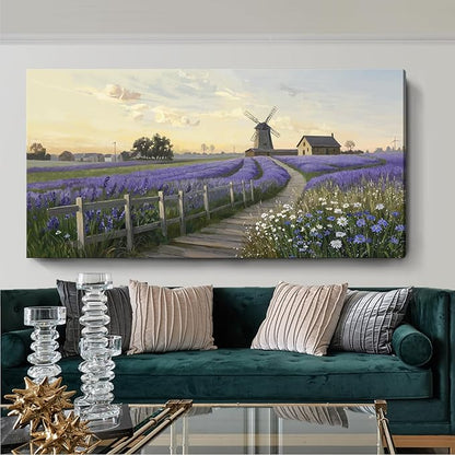 amatop Oversized Wall Picture for Living Room Farmhouse Purple Lavender Artwork Pastoral Countryside Scenery Daisy Flowers Floral Canvas Prints Panoramic Sunset Landscape Picture Bedroom 58x29 In
