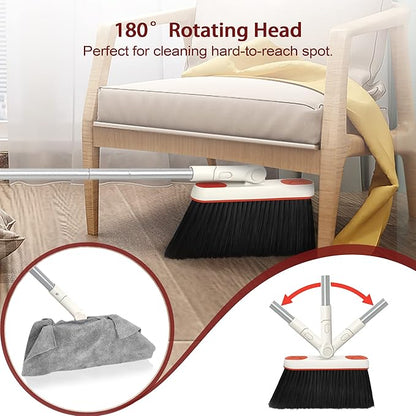 JEHONN Broom and Dustpan Set for Home, Long Handle Lightweight 180 Degree Rotating Broom Set Indoor, Upright Standing Dust Pan with Comb Teeth, Store Sweep Set for Room Kitchen Office (Grey & Red)