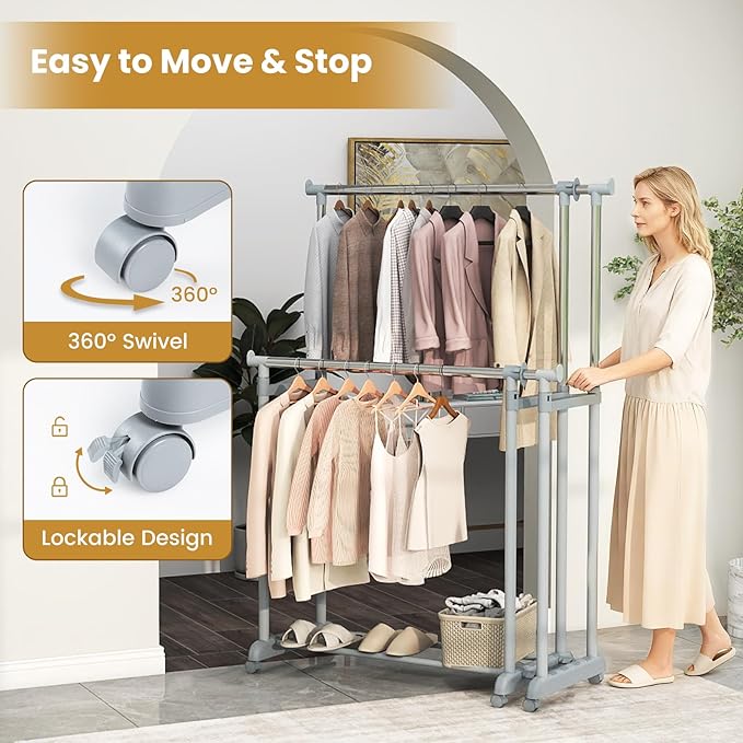 Tangkula Extendable Double Rods Garment Rack, Rolling Clothing Organizer with Adjustable Height & Width, Portable Closet Rack with Wheels, Heavy Duty Foldable Metal Clothes Rack for Bedroom & Laundry