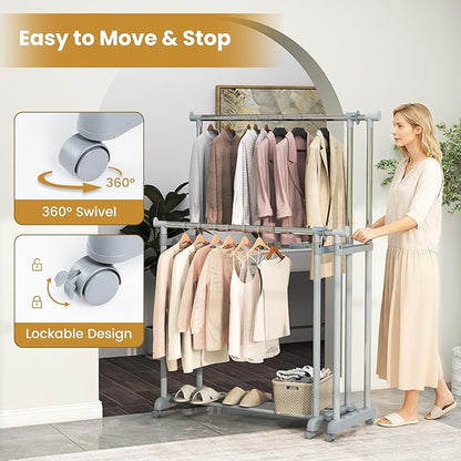 Tangkula Extendable Double Rods Garment Rack, Rolling Clothing Organizer with Adjustable Height & Width, Portable Closet Rack with Wheels, Heavy Duty Foldable Metal Clothes Rack for Bedroom & Laundry