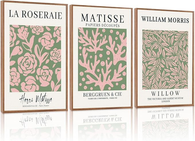 HLNIUC Matisse Picasso Framed Wall Art,Neutral Pink Green Flower Canvas Wall Decor Set of 3(16”x24’) William Morris Framed Wall Painting,Modern Aesthetic Pictures Art Print for Living Room,Bedroom