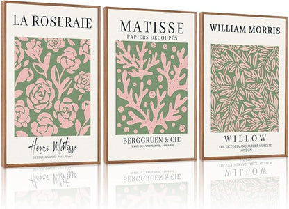 HLNIUC Matisse Picasso Framed Wall Art,Neutral Pink Green Flower Canvas Wall Decor Set of 3(16”x24’) William Morris Framed Wall Painting,Modern Aesthetic Pictures Art Print for Living Room,Bedroom