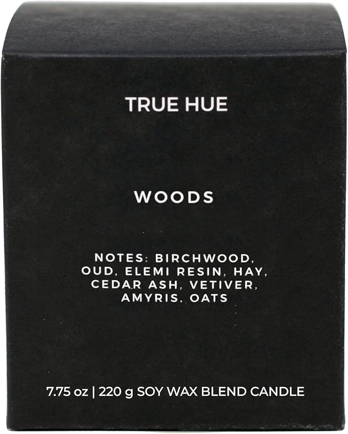 True Hue | Luxury Highly Scented Candle | Premium Soy Wax Blend | 7.75 oz | 40-50 Hour Burn Time | Cotton Wick | Natural Candles | Glass (Woods)