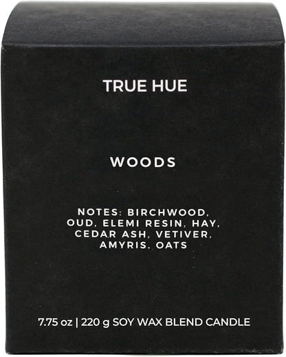 True Hue | Luxury Highly Scented Candle | Premium Soy Wax Blend | 7.75 oz | 40-50 Hour Burn Time | Cotton Wick | Natural Candles | Glass (Woods)