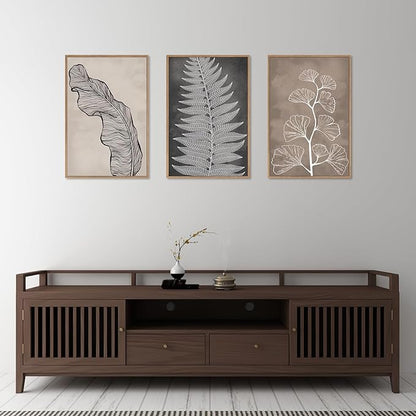 HLNIUC Botanical Neutral Framed Wall Art Set, Abstract Fern Leaf Canvas Wall Decor, Vintage Rustic Plant Wall Painting, Black Beige Nature Art Print for Living Room, Bedroom, Office - 24"x36"x3