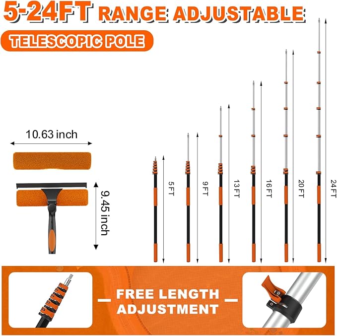 30FT Reach Window Squeegee with Extension Pole, 2-in-1 Professional Window Washing Kit for Home, Indoor Outdoor Squeegee with Rotatable Head for High Windows