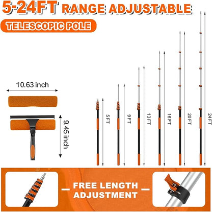 30FT Reach Window Squeegee with Extension Pole, 2-in-1 Professional Window Washing Kit for Home, Indoor Outdoor Squeegee with Rotatable Head for High Windows