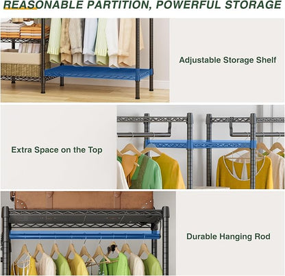 LEHOM G6M Heavy Duty Clothes Rack for Hanging Clothes, Portable Garment Rack Compact Size Closet Organizer, Freestanding Metal Clothing Rack Wardrobe Closet with Storage Shelves for Bedroom(Medium)