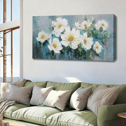 Ardemy White Floral Canvas Wall Art Extra Large Teal Textured Pictures Wall Decor Turquoise Paintings Artwork for Living Room Bedroom Home Office, 58"x29"