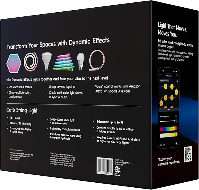 Cync GE Dynamic Effects Smart Cafe Lights, Color Changing Patio String Lights, Compatible with Alexa and Google, 48ft